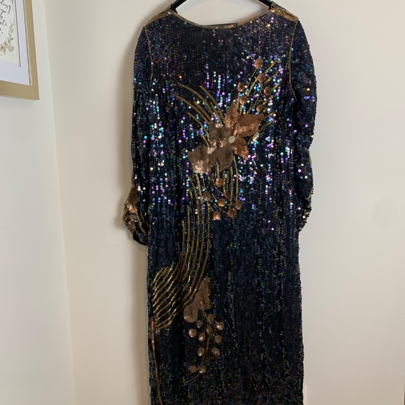 Chloe Silk Black Sequin Flower 3/4 Sleeve Dress Size L - Picture 8 of 11